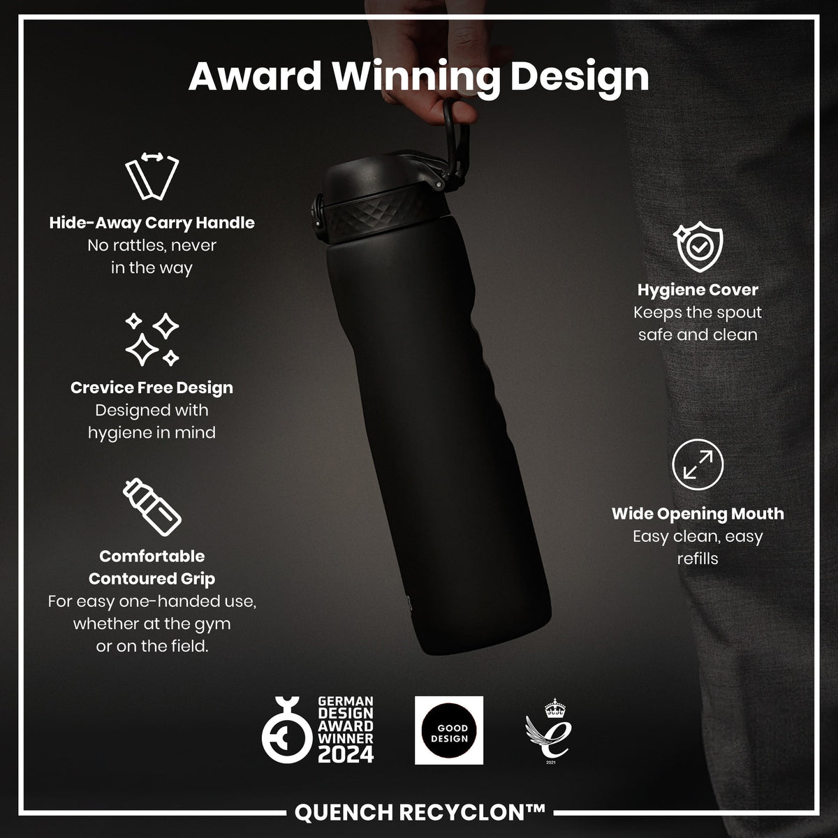 Leak Proof 1 litre Water Bottle, Recyclon, Black, 1L