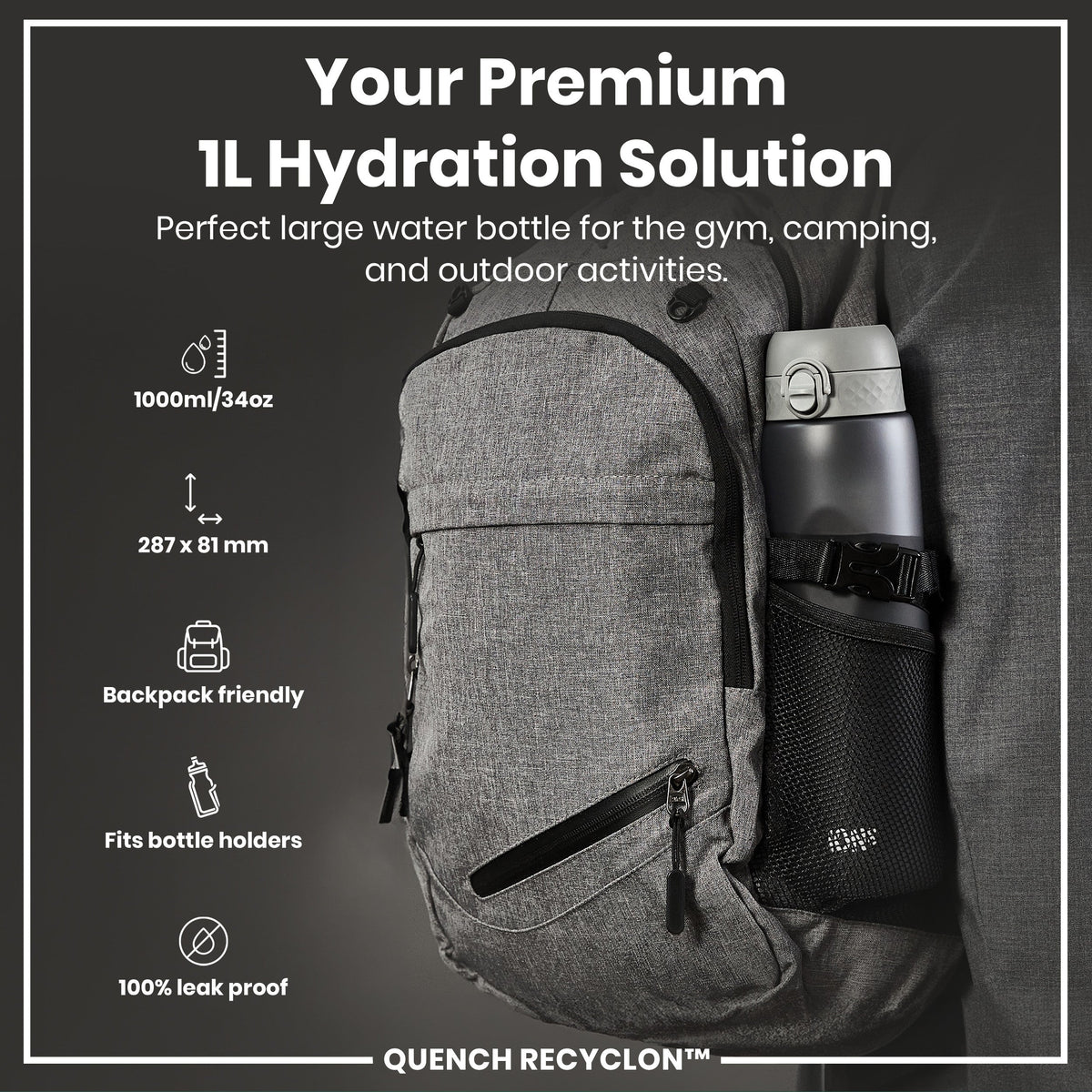 Leak Proof 1 litre Water Bottle, Recyclon, Grey, 1L