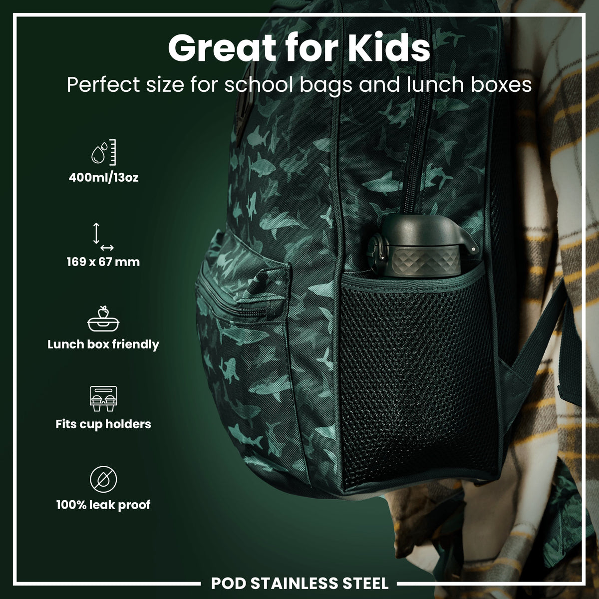 Leak Proof Kids Water Bottle, Stainless Steel, Dark Green, 400ml (13oz)