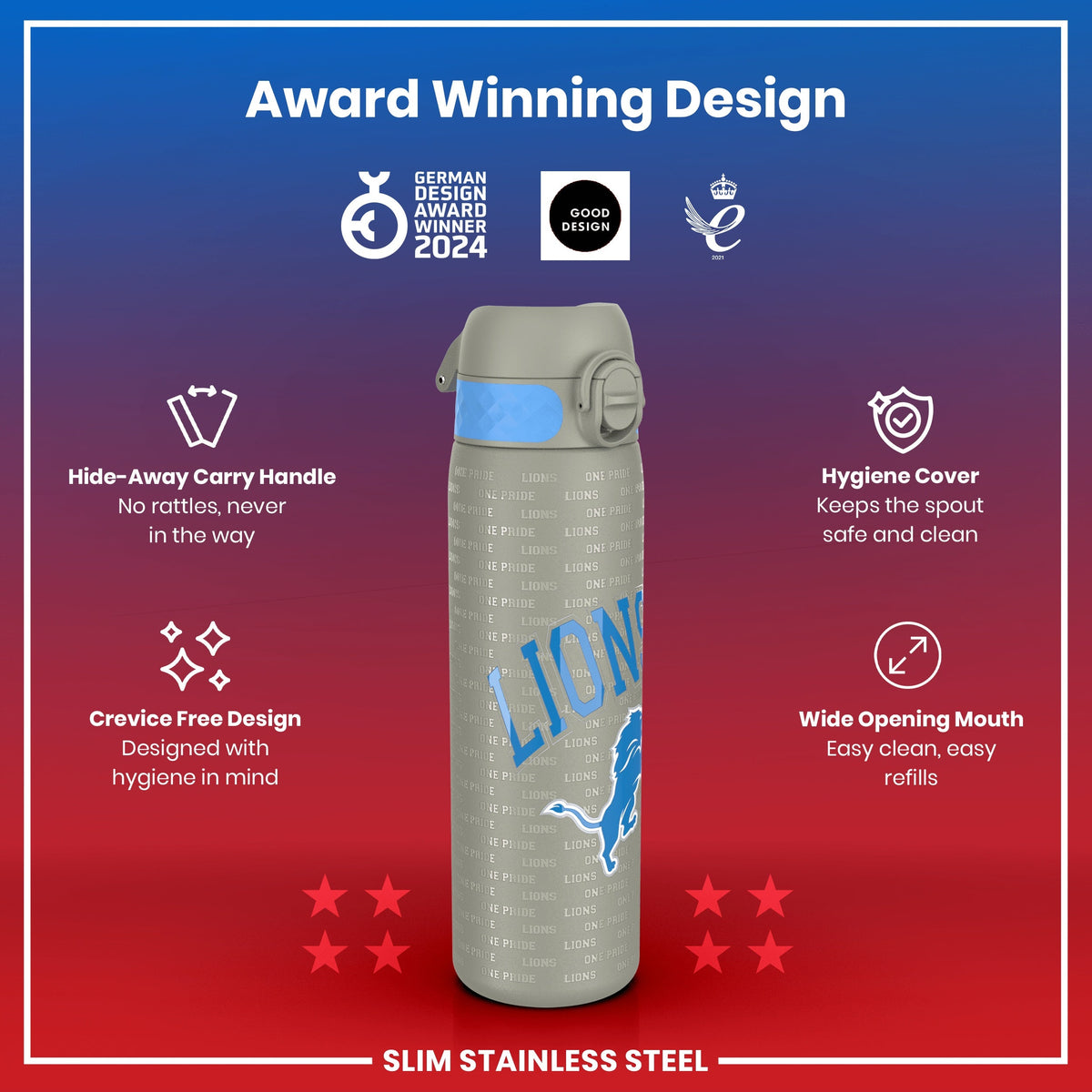 Leak Proof NFL Water Bottle, Stainless Steel, Detroit Lions, 600ml (20oz)