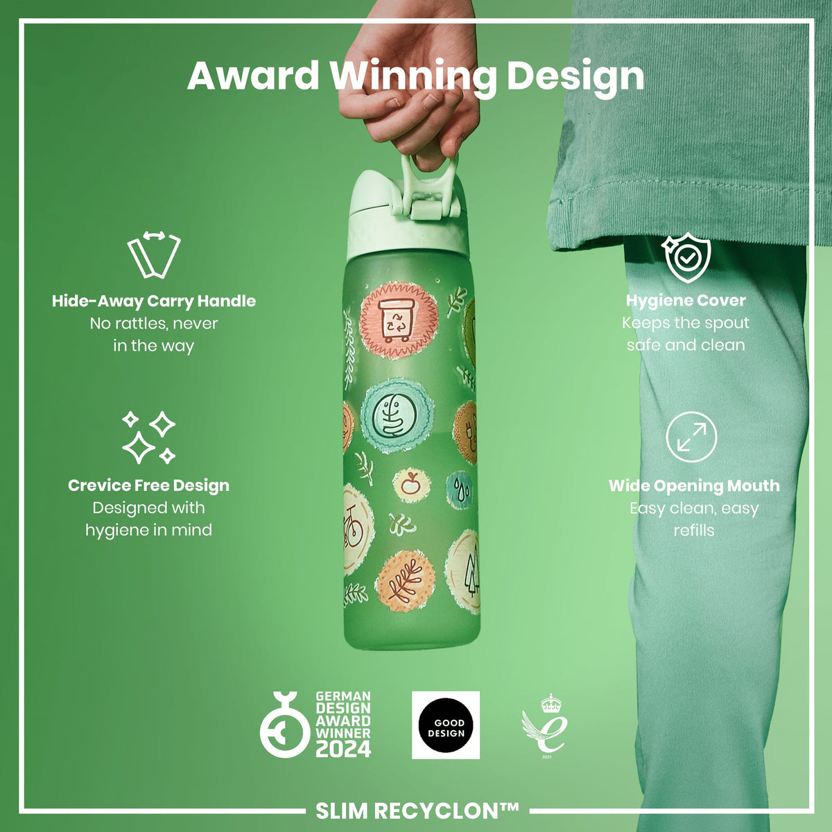 Leak Proof Slim Water Bottle, Recyclon, Eco, 500ml (18oz)