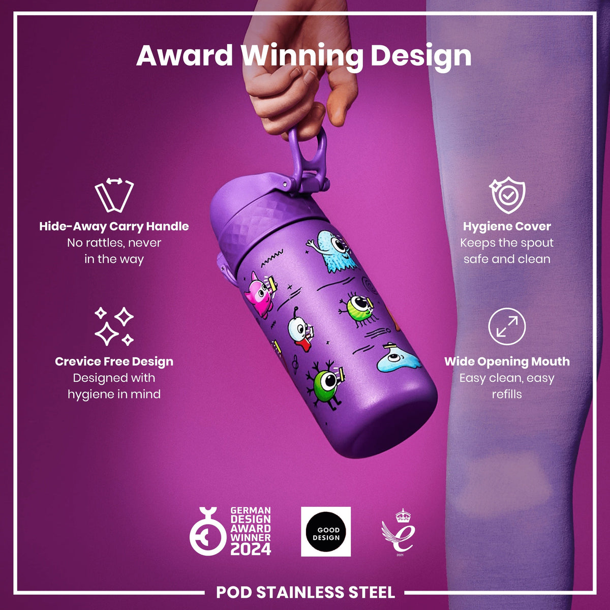 Leak Proof Kids Water Bottle, Stainless Steel, Aliens, 400ml (13oz)