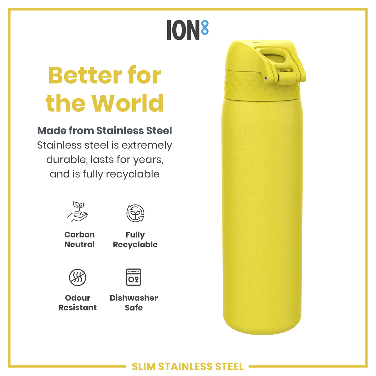 Leak Proof Slim Water Bottle, Stainless Steel, Yellow, 600ml (20oz)