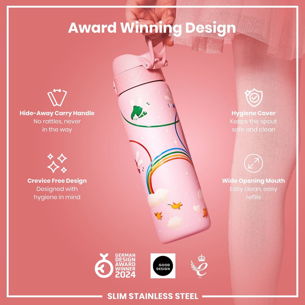 Leak Proof Slim Water Bottle, Stainless Steel, Fairies, 600ml (20oz)