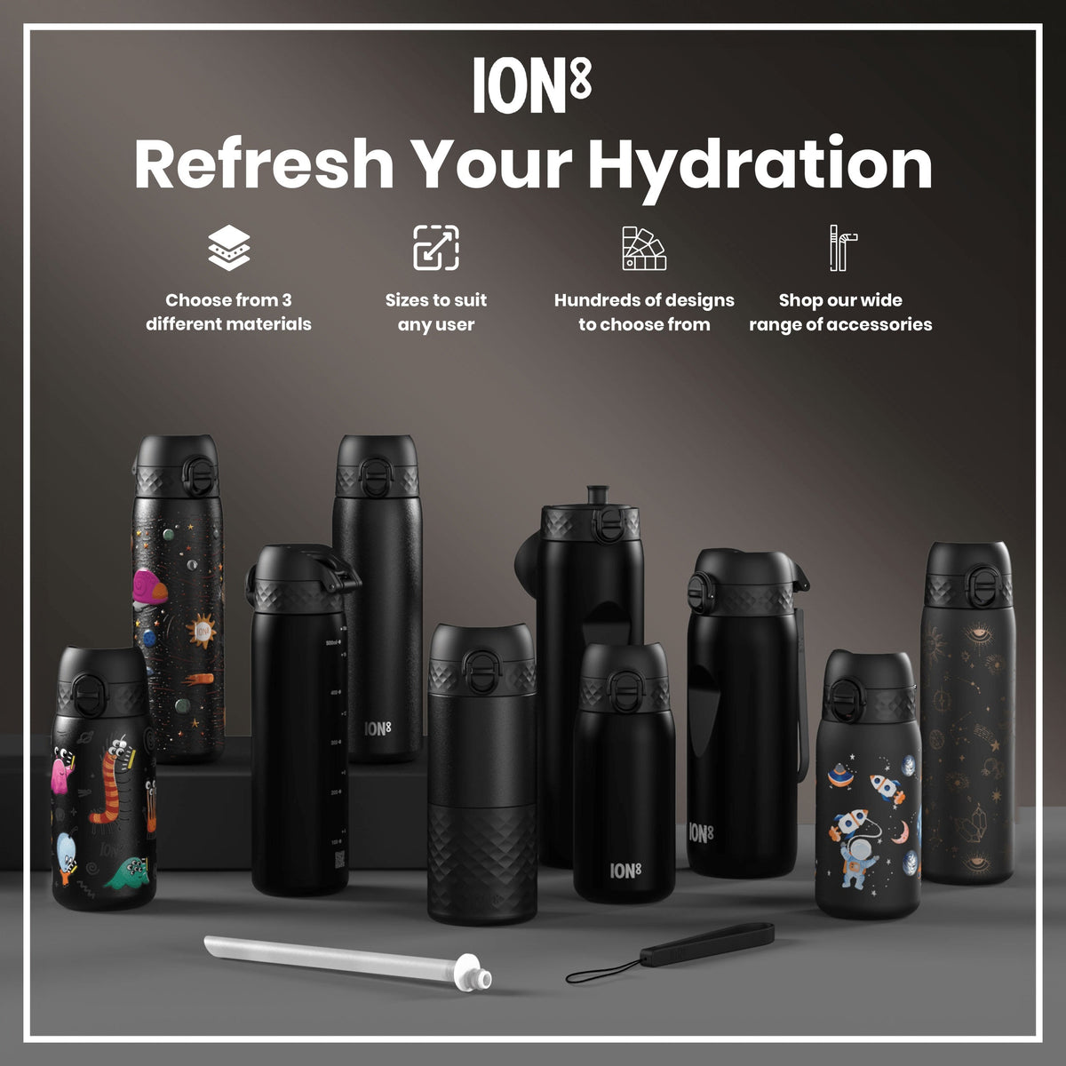 Leak Proof Small Water Bottle With Straw, Recyclon, Black, 350ml (12oz)
