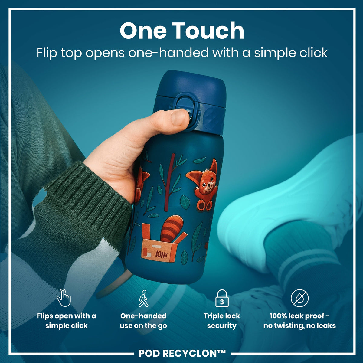 Leak Proof Kids Water Bottle, Recyclon, Red Pandas, 350ml (12oz)