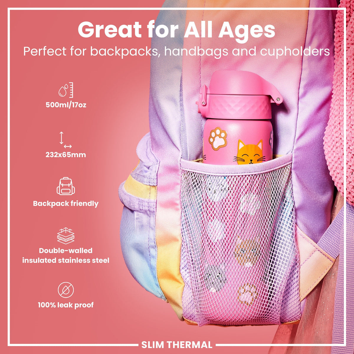 Leak Proof Slim Thermal Steel Water Bottle, Insulated, Cats, 500ml (17oz)