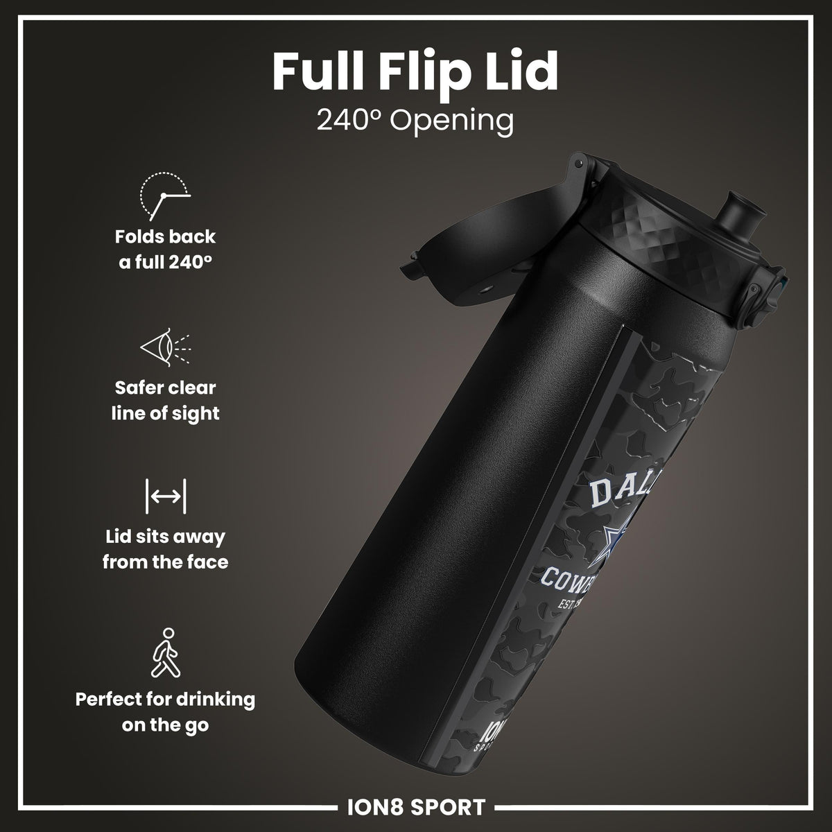 NFL x ION8 Insulated Steel Water Bottle, NFL Cowboys, 750ml (24oz)