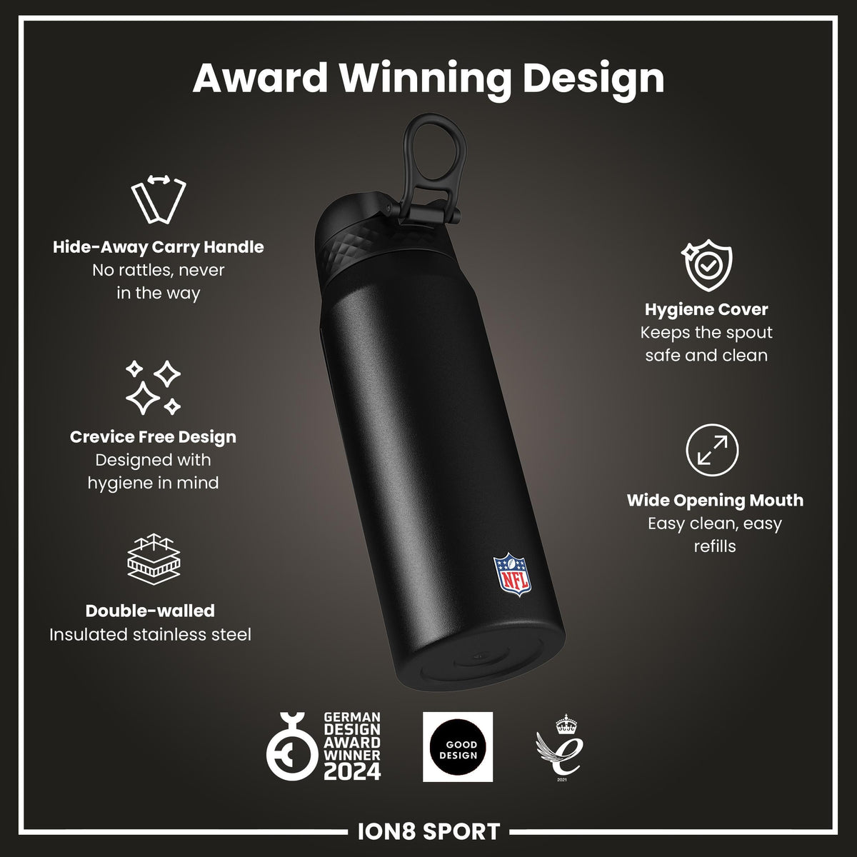 NFL x ION8 Insulated Steel Water Bottle, NFL Giants, 750ml (24oz)