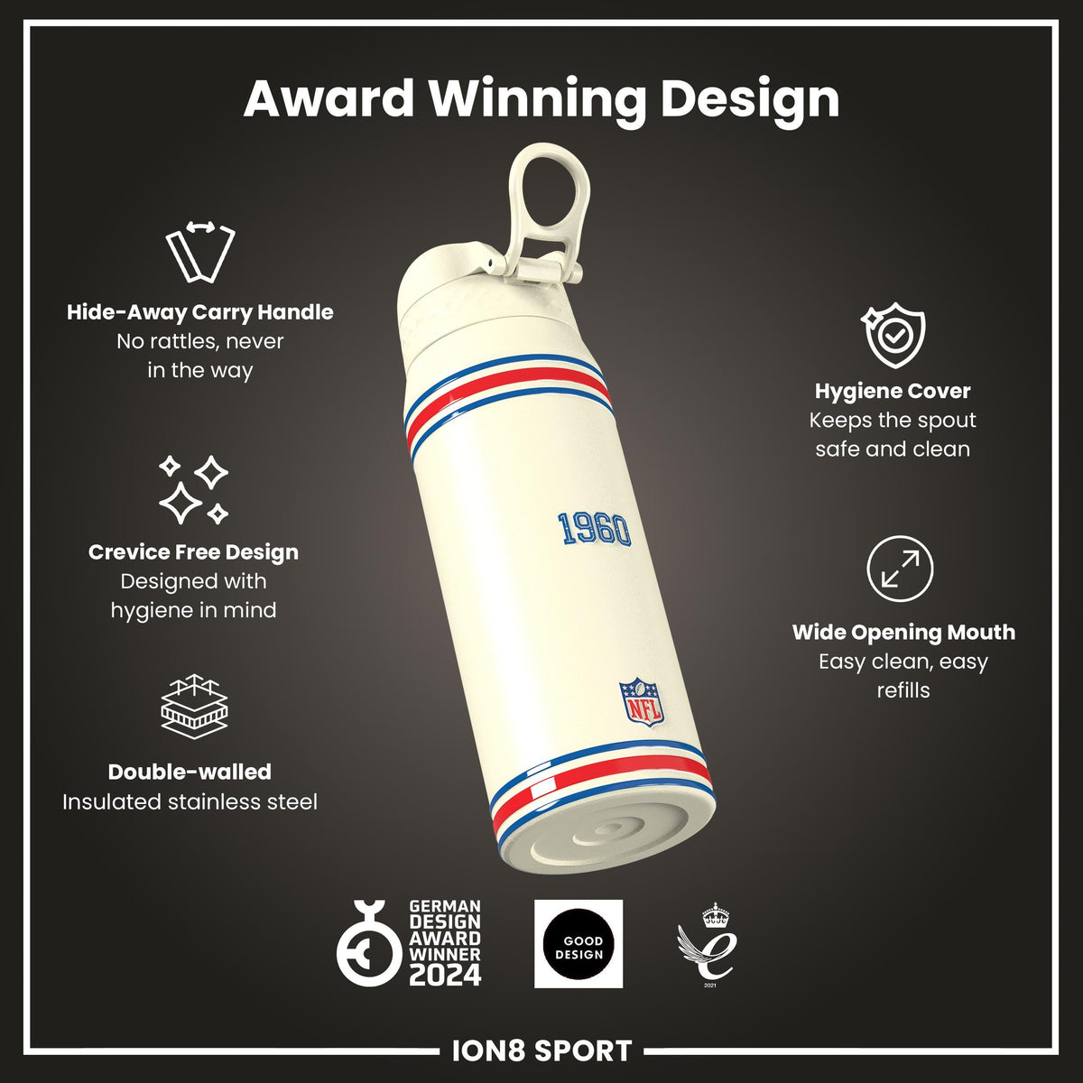 NFL x ION8 Insulated Steel Water Bottle, NFL Bills, 750ml (24oz)