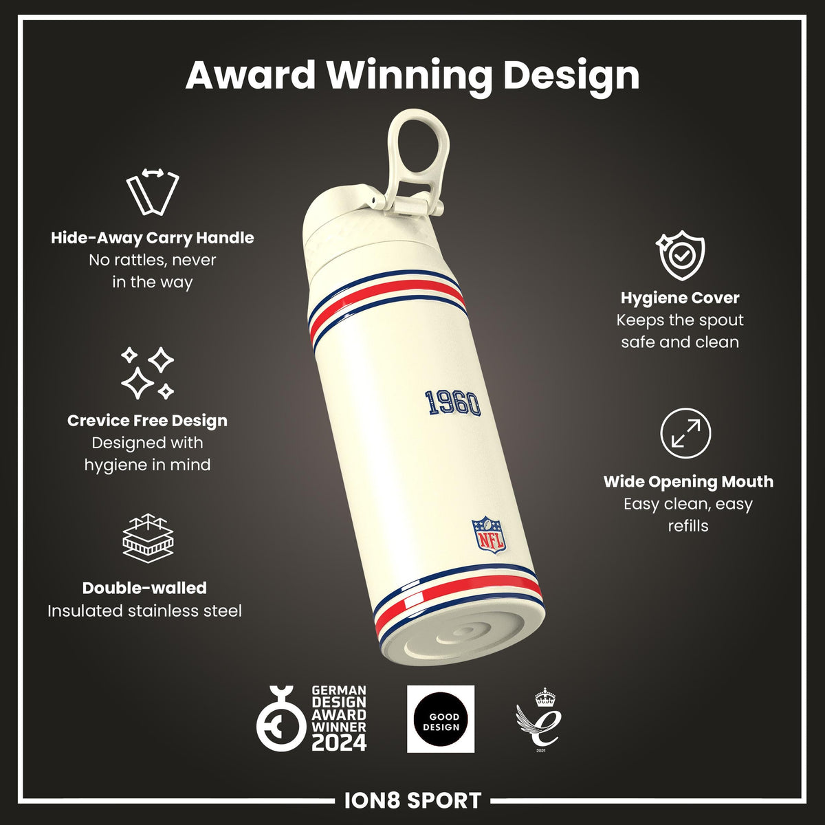 NFL x ION8 Insulated Steel Water Bottle, NFL Patriots, 750ml (24oz)