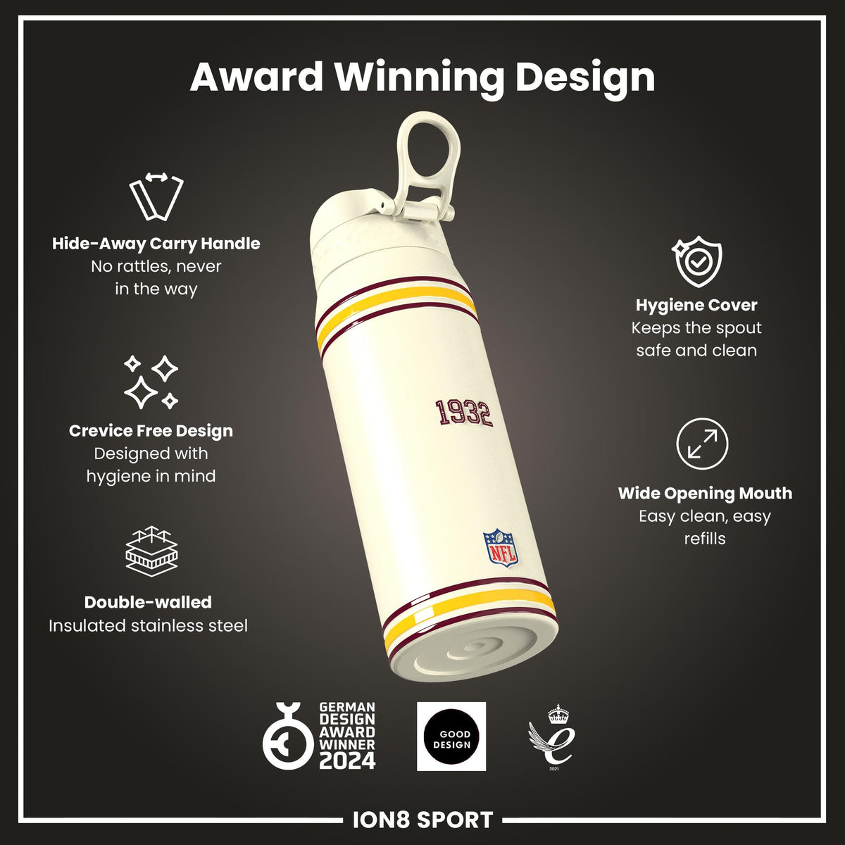 NFL x ION8 Insulated Steel Water Bottle, NFL Commanders, 750ml (24oz)